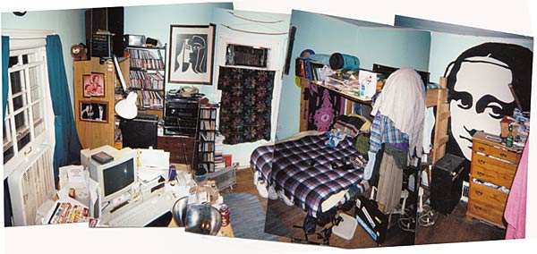 Panorama formed of snapshots of Ian's cluttered room, with the Mona Lisa dominating the wall.