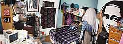 Thumbnail of Ian's cluttered room in the Pink House.  Link to larger image.